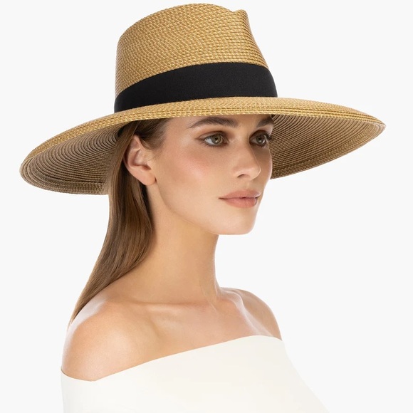 Eric Javits Daphne Tan Wide-Brim Straw Fedora Hat with Black Band - Picture 3 of 11